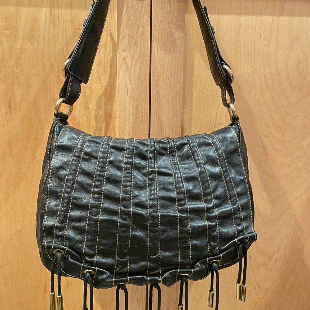 Vintage Donna Karen Black Leather with Gold Accents Cinch shoulder bag